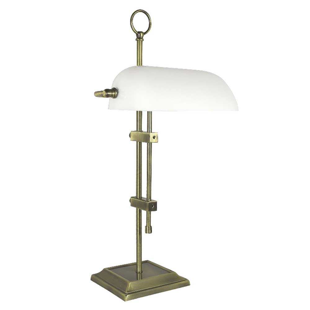 Lampada da tavolo in ottone anticato con paralume opaline bianco H55