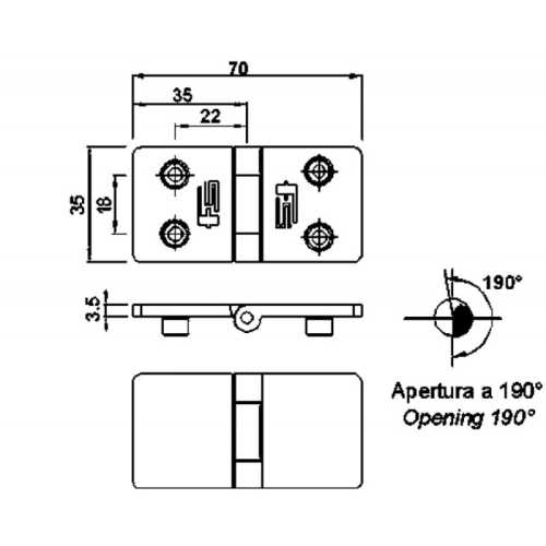 Cerniera a filo 70x35 in acciaio inox disegno