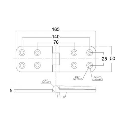 Cerniera alto spessore 165x50 in acciaio inox disegno