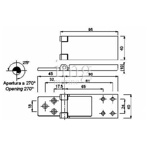 Cerniera a filo 95x40 in acciaio inox - disegno