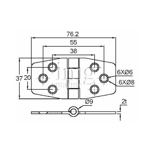 Cerniera 76x37 con copertura inox AISI 316 perno semincassato - disegno