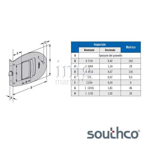 Serratura Omni Southco con chiavistello a molla - Misure