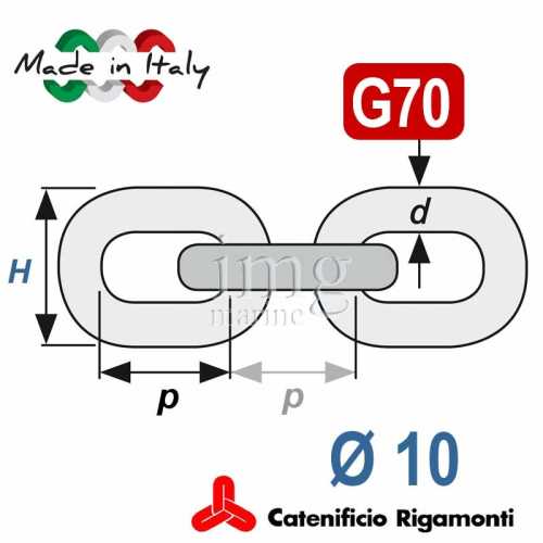 Misure catena calibrata zincata G65-70 Ø 10 passo 30 Nautis Rigamonti