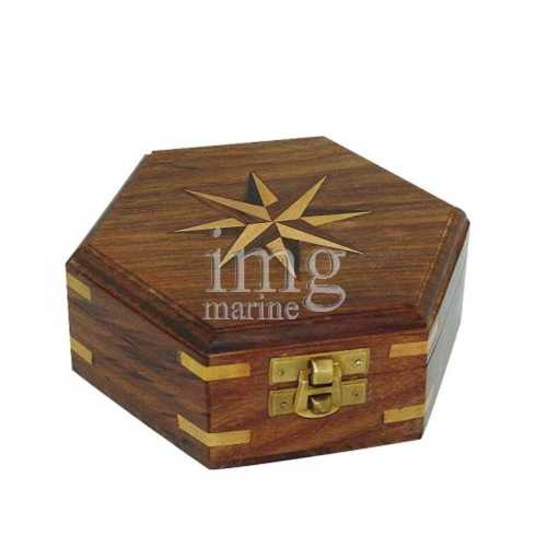 Scatola esagonale in legno con intarsi in ottone piccola