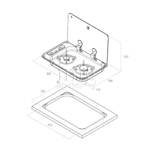 Fornello a gas Hoodiny CAN ad incasso con due fuochi - Misure