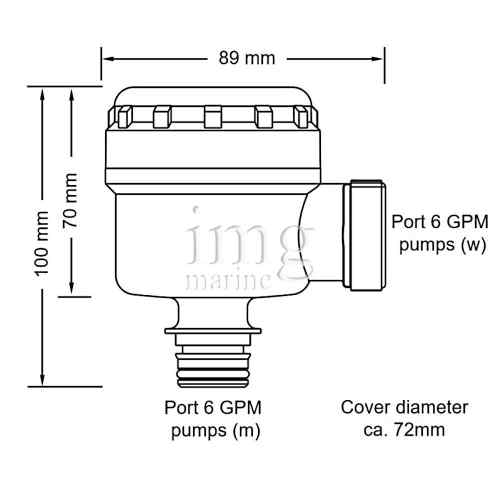 Filtro Pumpgard Jabsco 90° innesto ingresso F - Misure